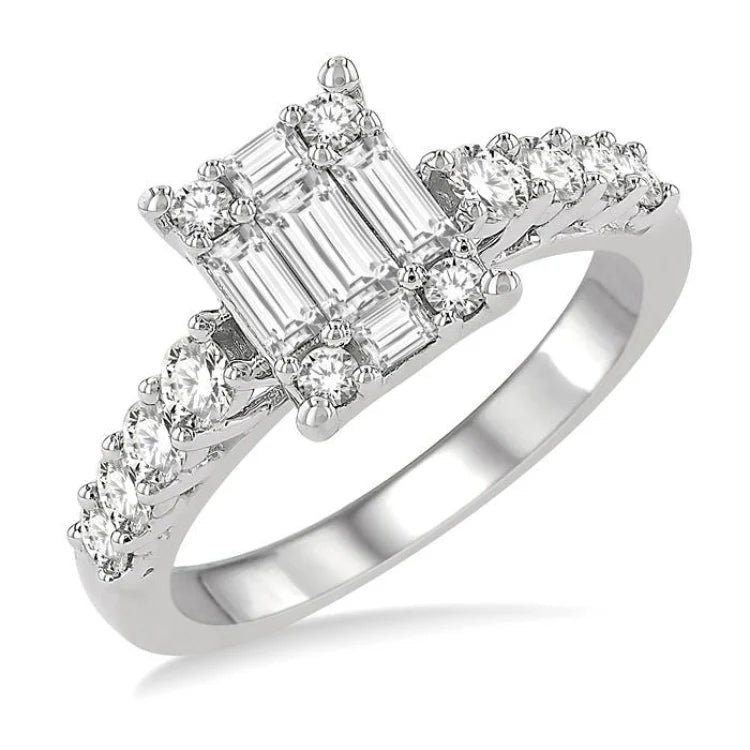 1 Ctw Fusion Baguette and Round Cut Diamond Engagement Ring in 14K White Gold