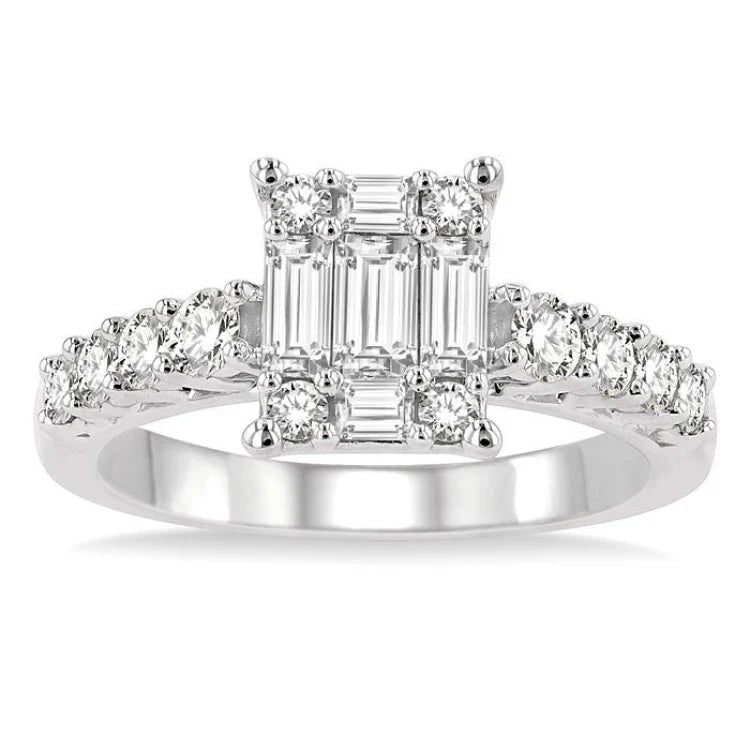 1 Ctw Fusion Baguette and Round Cut Diamond Engagement Ring in 14K White Gold