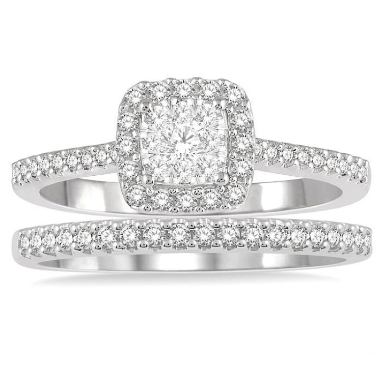 1/2 Ctw Lovebright Diamond Wedding Set With 1/3 Ct Square Shape Engagement Ring in White and Yellow Gold and 1/5 Ct Wedding Band in White Gold in 14K