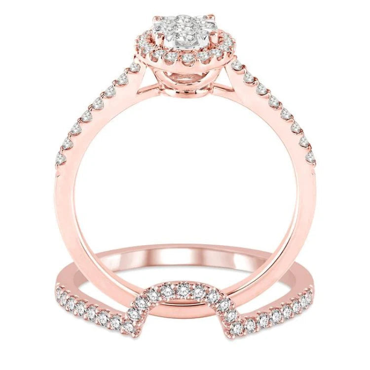3/4 Ctw Oval Shape Diamond Lovebright Wedding Set with 1/2 Ctw Engagement Ring and 1/5 Ctw Wedding Band in 14K Rose and White Gold