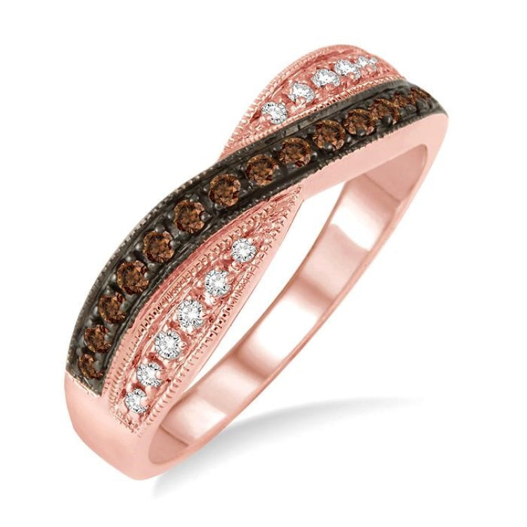 1/4 Ctw Round Cut White and Champagne Brown Diamond Ring in 10K Rose Gold