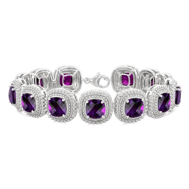 7 MM Oval Shape Amethyst and 1/10 Ctw Round Cut Diamond Semi-Precious Bracelet in Sterling Silver