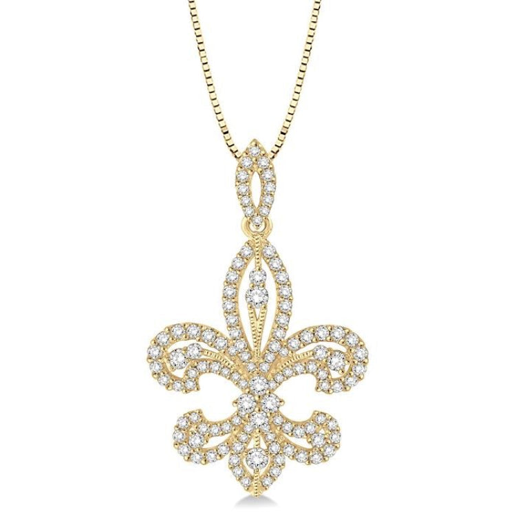 1 Ctw Round Cut Diamond Fleur De Lis Diamond Pendant in 14K Yellow Gold with Chain