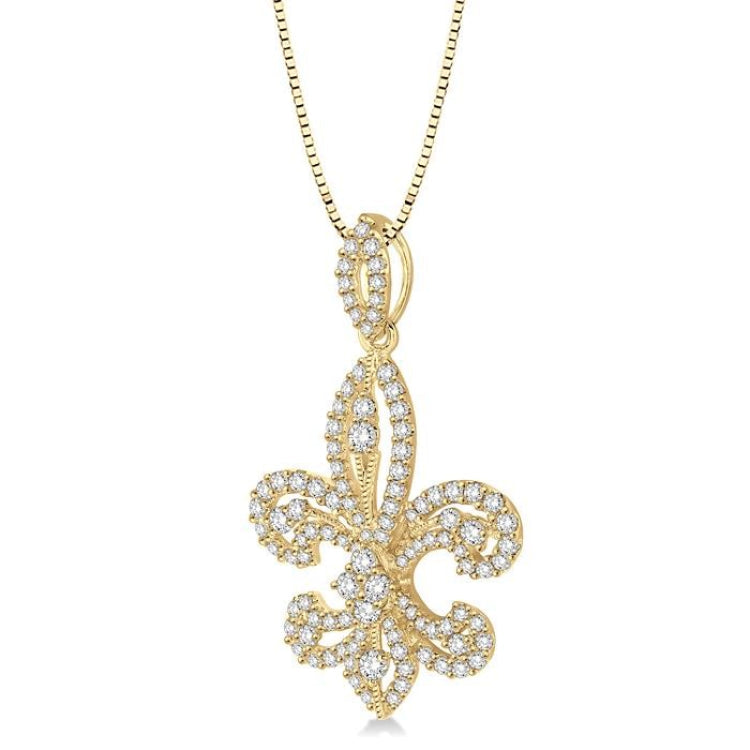1 Ctw Round Cut Diamond Fleur De Lis Diamond Pendant in 14K Yellow Gold with Chain