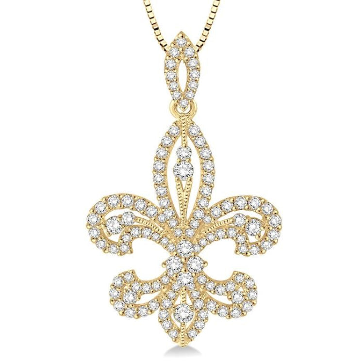 1 Ctw Round Cut Diamond Fleur De Lis Diamond Pendant in 14K Yellow Gold with Chain