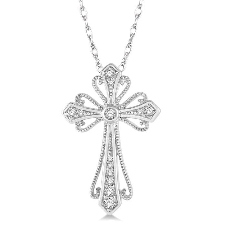1/6 Ctw Vintage Cross Charm Round Cut Diamond Pendant With Link Chain in 10K White Gold