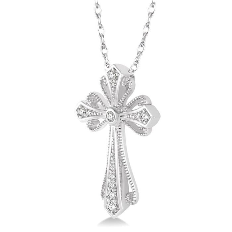 1/6 Ctw Vintage Cross Charm Round Cut Diamond Pendant With Link Chain in 10K White Gold
