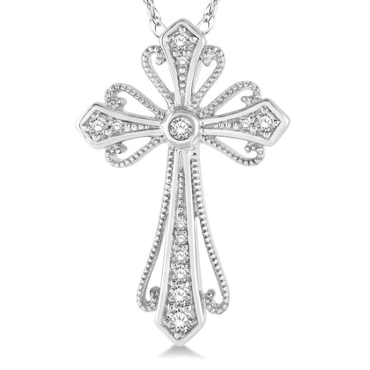 1/6 Ctw Vintage Cross Charm Round Cut Diamond Pendant With Link Chain in 10K White Gold