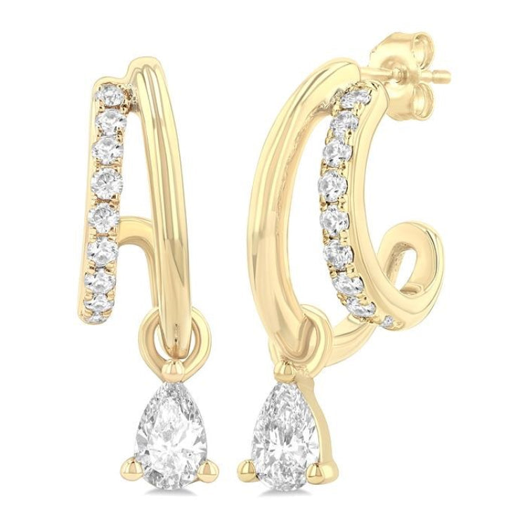 1/3 Ctw Split Design Pear and Round Cut Diamond Half Hoop Earrings in 14K Yellow Gold