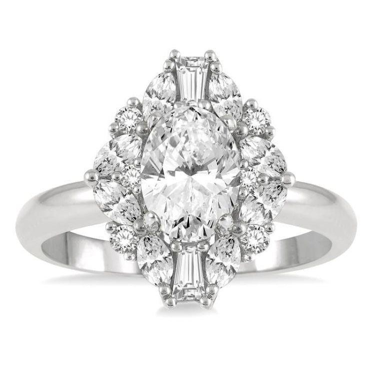 5/8 Ctw Marquise Shape Oval, Baguette and Round Cut Diamond Semi-Mount Engagement Ring in 14K White Gold