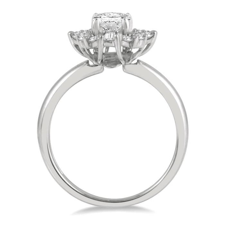 5/8 Ctw Marquise Shape Oval, Baguette and Round Cut Diamond Semi-Mount Engagement Ring in 14K White Gold