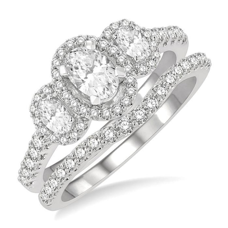 1 1/4 Ctw Diamond Wedding Set With 1 Ct Triple Oval Shape Past, Present & Future Engagement Ring and 1/4 Ct Curved Wedding Band in 14K White Gold
