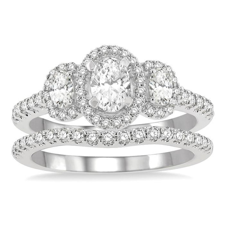 1 1/4 Ctw Diamond Wedding Set With 1 Ct Triple Oval Shape Past, Present & Future Engagement Ring and 1/4 Ct Curved Wedding Band in 14K White Gold