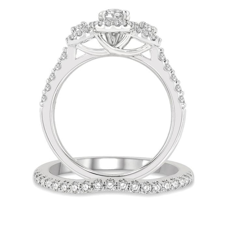 1 1/4 Ctw Diamond Wedding Set With 1 Ct Triple Oval Shape Past, Present & Future Engagement Ring and 1/4 Ct Curved Wedding Band in 14K White Gold