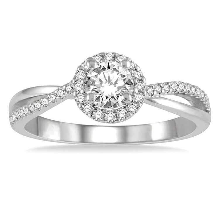 1/2 Ctw Criss Cross Shank Round Cut Diamond Ladies Engagement Ring with 1/4 Ct Round Cut Center Stone in 14K White Gold