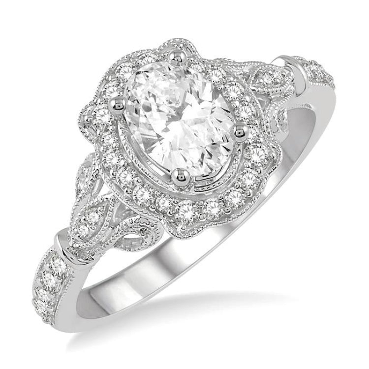 1/3 Ctw Lattice Oval Shape Semi-Mount Round Cut Diamond Engagement Ring in 14K White Gold