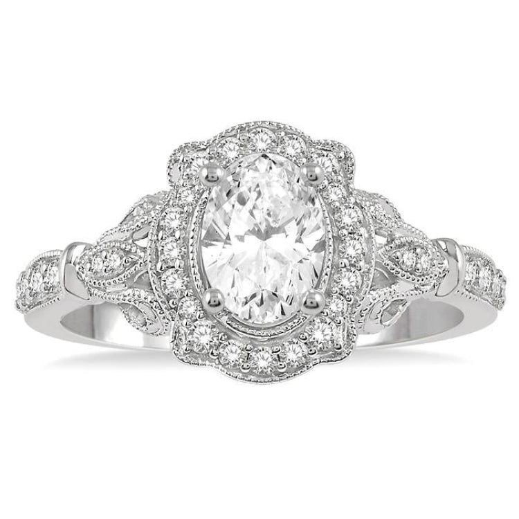 1/3 Ctw Lattice Oval Shape Semi-Mount Round Cut Diamond Engagement Ring in 14K White Gold