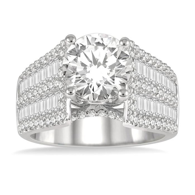 1 5/8 Ctw Wide Shank Baguette and Round Cut Diamond Semi-Mount Engagement Ring in 14K White Gold