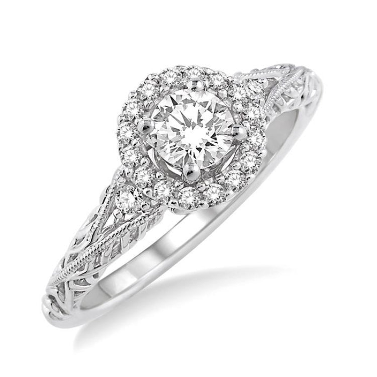 5/8 Ctw Diamond Engagement Ring with 3/8 Ct Round Cut Center Stone in 14K White Gold