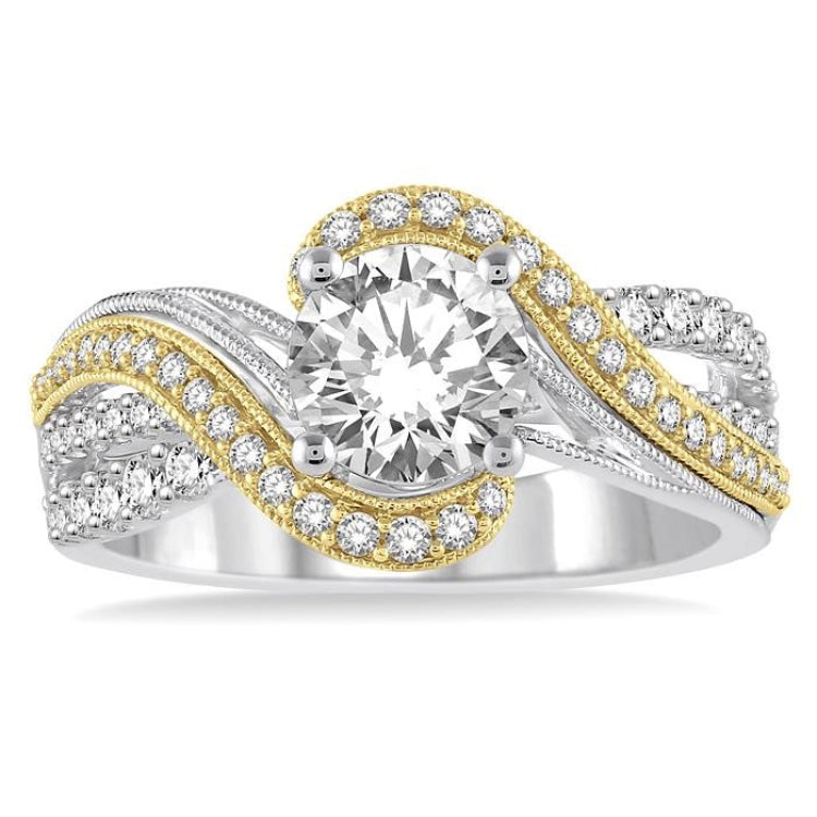 1/2 Ctw Embraced Two Tone Semi-Mount Round Cut Diamond Engagement Ring in 14K White and Yellow Gold