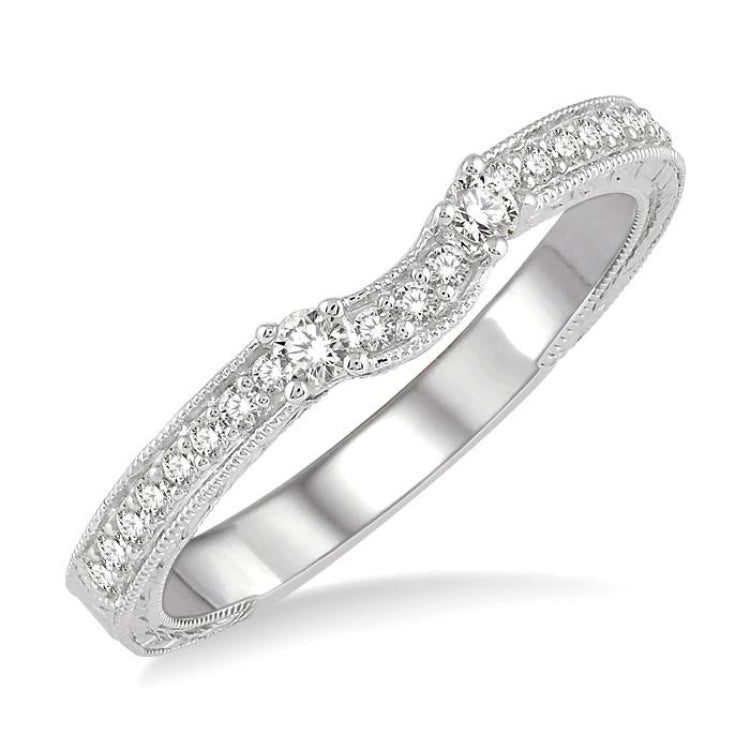 1/5 Ctw Curved Center Foliage Engraved Round Cut Diamond Wedding Band in 14K White Gold