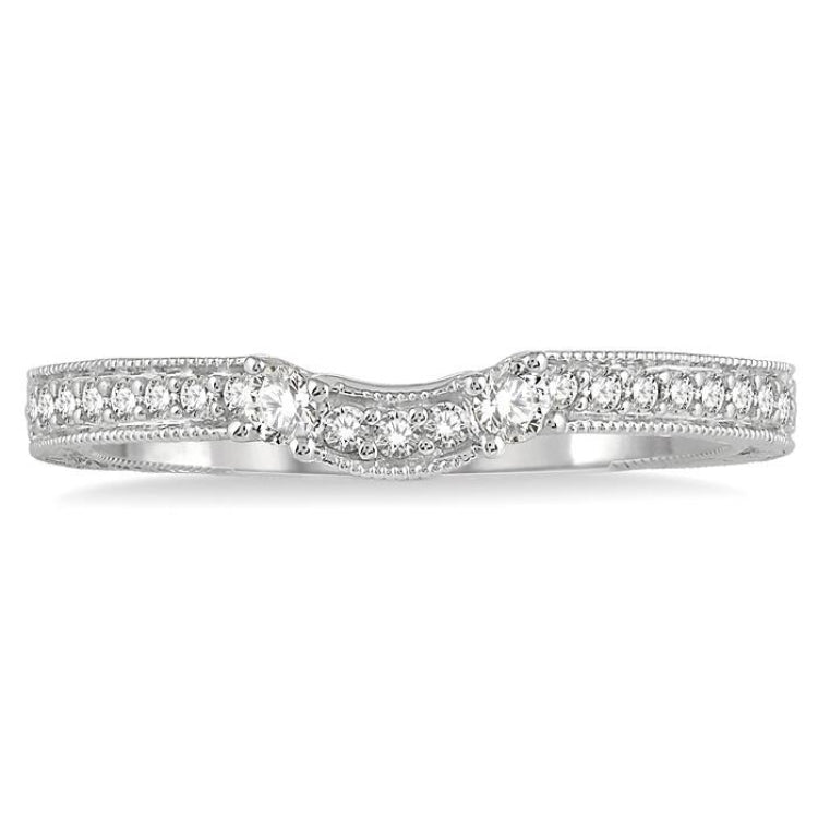 1/5 Ctw Curved Center Foliage Engraved Round Cut Diamond Wedding Band in 14K White Gold