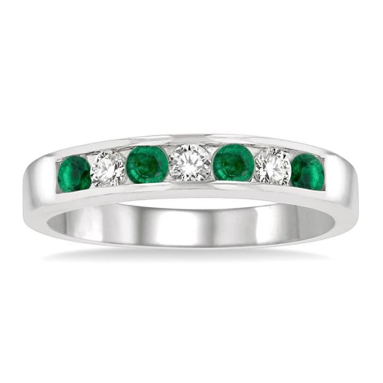 2.5 MM Round Cut Emerald and 1/5 Ctw Channel Set Round Cut Diamond Band in 14K White Gold