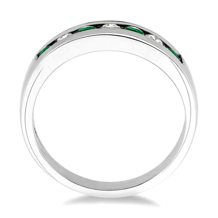 2.5 MM Round Cut Emerald and 1/5 Ctw Channel Set Round Cut Diamond Band in 14K White Gold