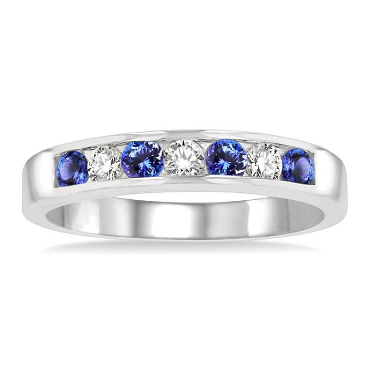 2.5 MM Round Cut Tanzanite and 1/5 Ctw Channel Set Round Cut Diamond Band in 14K White Gold