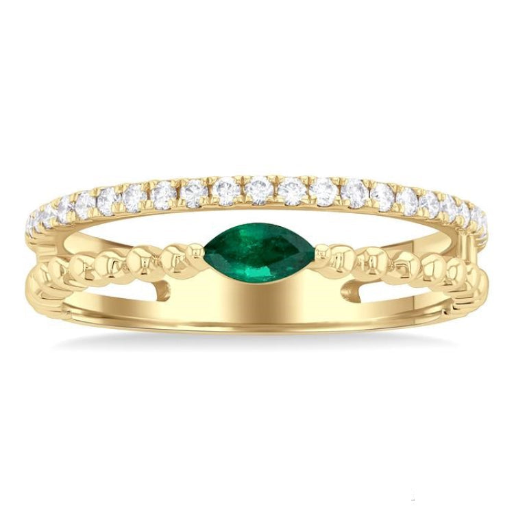 5x2.5 MM Marquise Shape Emerald and 1/5 Ctw Round Cut Diamond Precious Split Twin Ring in 10K Yellow Gold
