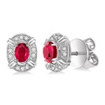 Load image into Gallery viewer, 5x3 MM Oval Cut Ruby and 1/10 Ctw Round Cut Diamond Earrings in 14K White Gold
