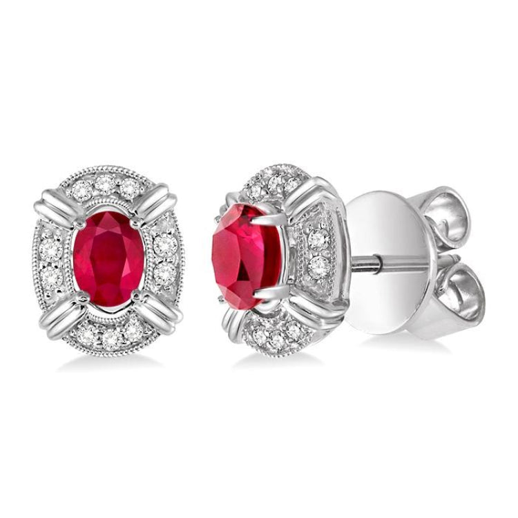 5x3 MM Oval Cut Ruby and 1/10 Ctw Round Cut Diamond Earrings in 14K White Gold