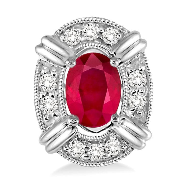 5x3 MM Oval Cut Ruby and 1/10 Ctw Round Cut Diamond Earrings in 14K White Gold