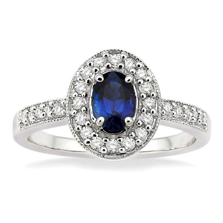 6x4 MM Oval Cut Sapphire and 1/4 Ctw Round Cut Diamond Ring in 14K White Gold