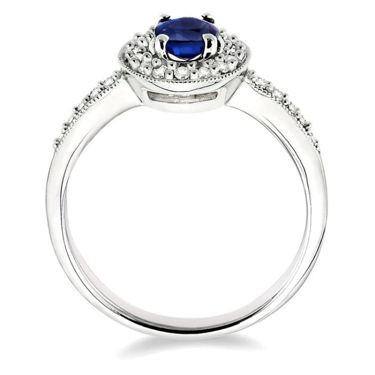 6x4 MM Oval Cut Sapphire and 1/4 Ctw Round Cut Diamond Ring in 14K White Gold