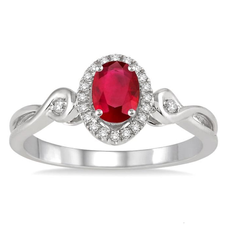 6x4 MM Oval Cut Ruby and 1/10 Ctw Round Cut Diamond Ring in 10K White Gold