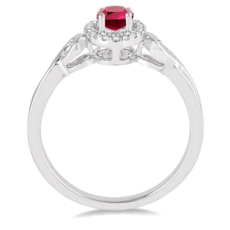 6x4 MM Oval Cut Ruby and 1/10 Ctw Round Cut Diamond Ring in 10K White Gold