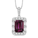 Load image into Gallery viewer, 7x5 MM Emerald Cut Rhodolite Garnet and 1/3 Ctw Diamond Semi-Precious Pendant in 14K White Gold with Chain