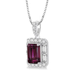 Load image into Gallery viewer, 7x5 MM Emerald Cut Rhodolite Garnet and 1/3 Ctw Diamond Semi-Precious Pendant in 14K White Gold with Chain