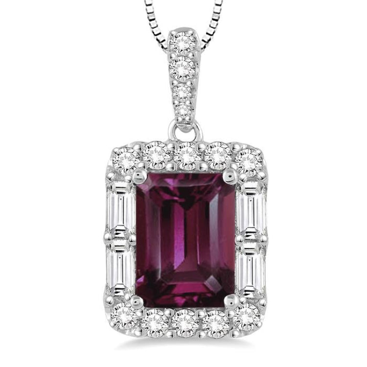 7x5 MM Emerald Cut Rhodolite Garnet and 1/3 Ctw Diamond Semi-Precious Pendant in 14K White Gold with Chain