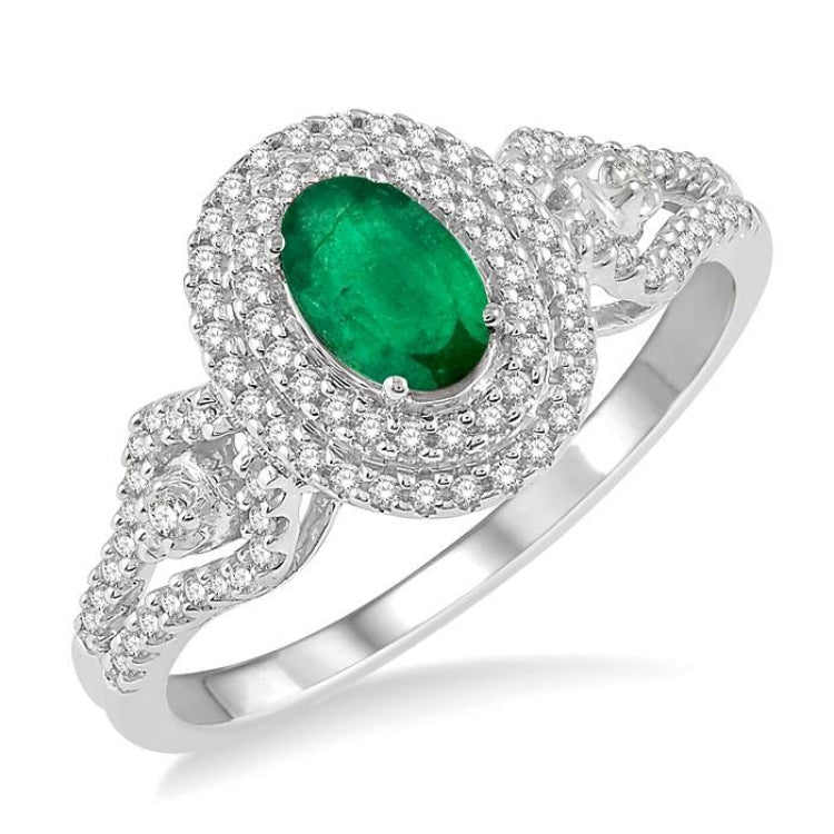 6x4 MM Oval Shape Emerald and 1/3 Ctw Round Cut Diamond Precious Ring in 14K White Gold