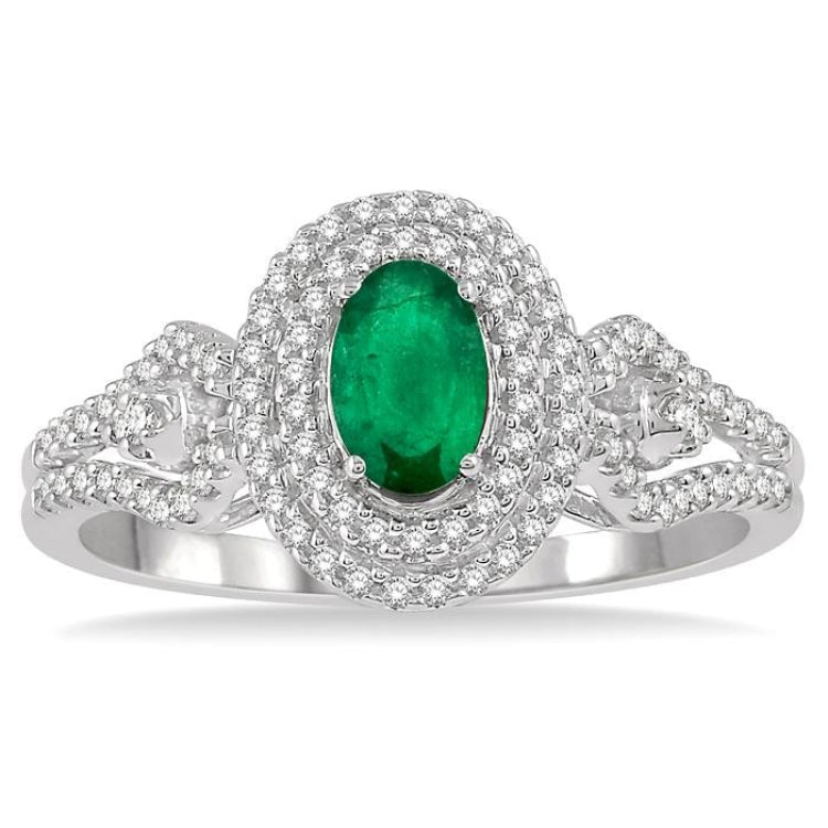6x4 MM Oval Shape Emerald and 1/3 Ctw Round Cut Diamond Precious Ring in 14K White Gold