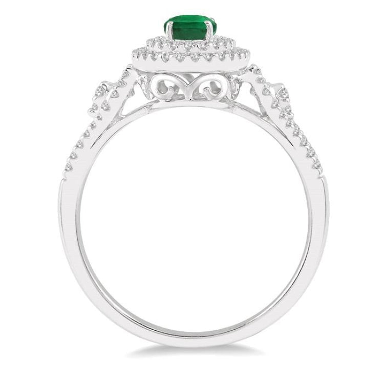 6x4 MM Oval Shape Emerald and 1/3 Ctw Round Cut Diamond Precious Ring in 14K White Gold
