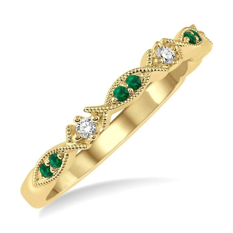 1.25 MM Round Cut Green Emerald and 1/20 Ctw Round Cut Diamond Precious Half Eternity Wedding Band in 14K Yellow Gold