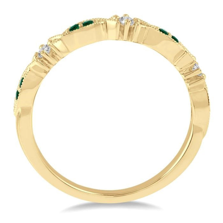 1.25 MM Round Cut Green Emerald and 1/20 Ctw Round Cut Diamond Precious Half Eternity Wedding Band in 14K Yellow Gold