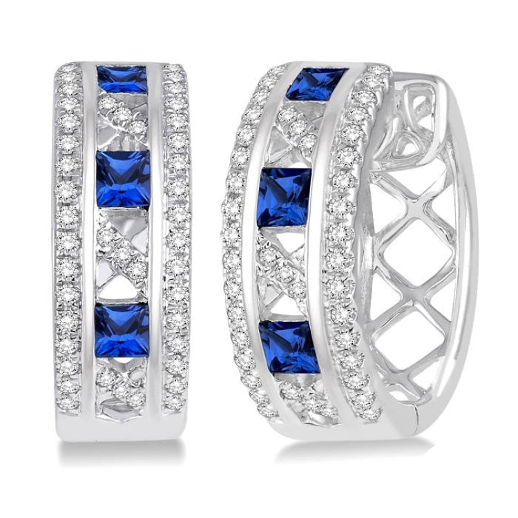 2.4x2.4 MM Princess Cut Sapphire and 1/3 Ctw Round Cut Diamond Precious Earrings in 14K White Gold