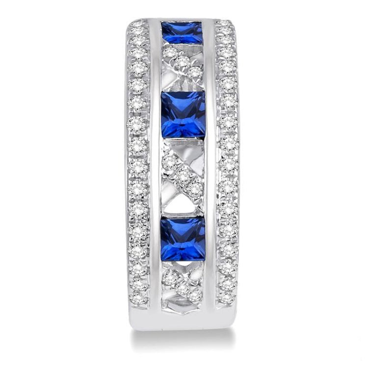 2.4x2.4 MM Princess Cut Sapphire and 1/3 Ctw Round Cut Diamond Precious Earrings in 14K White Gold