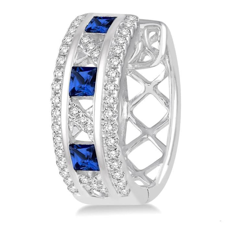 2.4x2.4 MM Princess Cut Sapphire and 1/3 Ctw Round Cut Diamond Precious Earrings in 14K White Gold