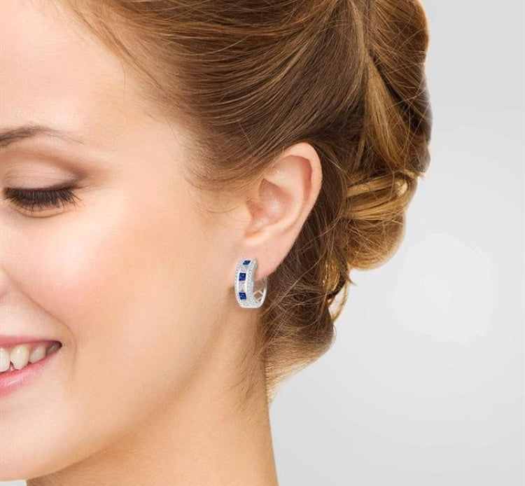 2.4x2.4 MM Princess Cut Sapphire and 1/3 Ctw Round Cut Diamond Precious Earrings in 14K White Gold