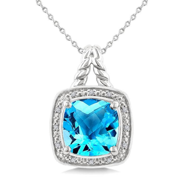 10 MM Cushion Shape Blue Topaz and 1/20 Ctw Round Cut Diamond Semi-precious Pendant With Chain in Sterling Silver